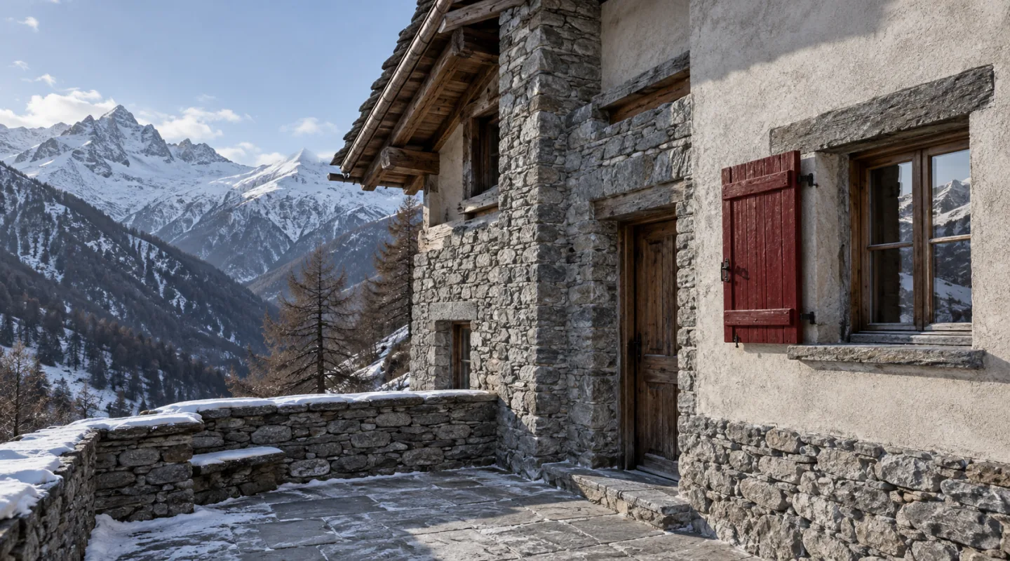 Facciata di una baita in pietra e larice sotto la neve, con una sola persiana rosso robbia