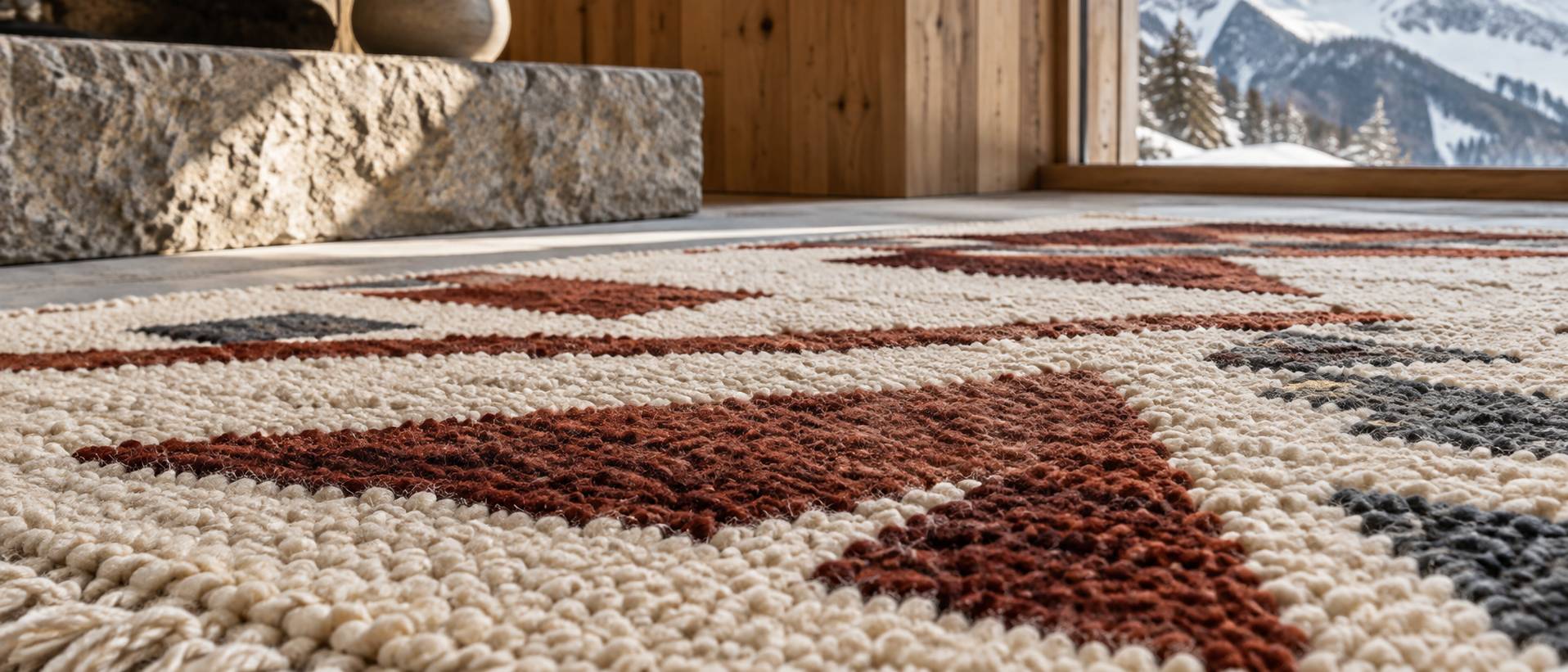 Texture d'un tapis noué en laine avec motif géométrique