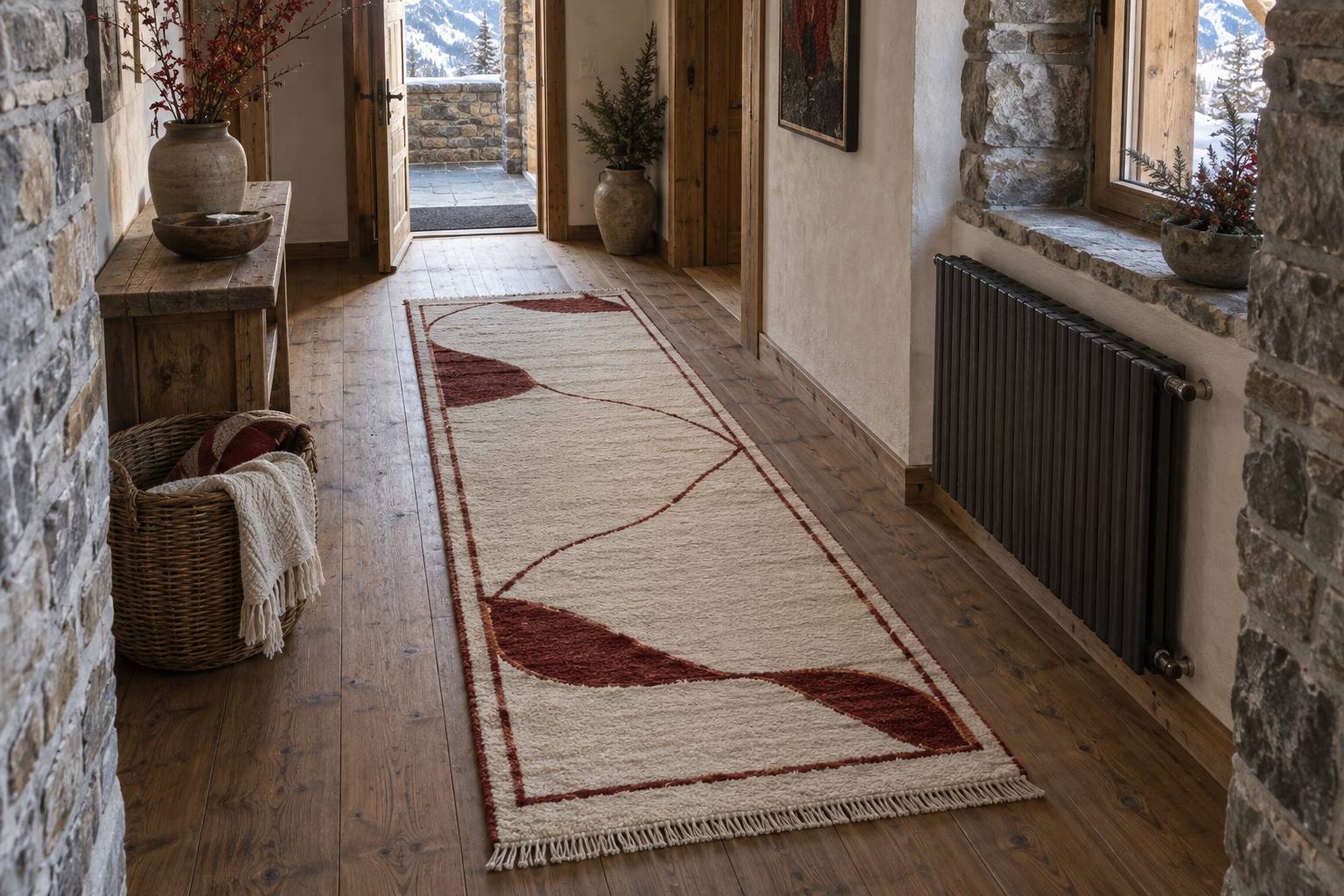 Couloir de chalet avec tapis en laine et parquet de meleze