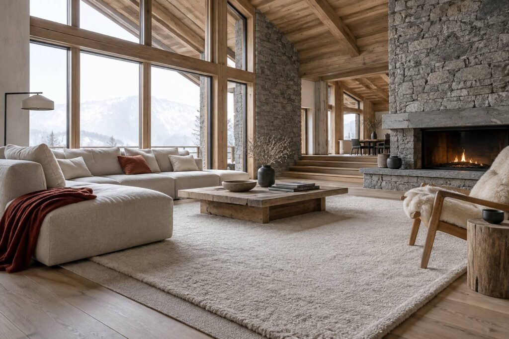 Tapis en laine ecrue sur un parquet de meleze clair dans un sejour de chalet