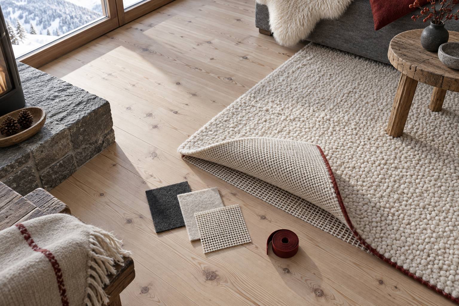 Coin de tapis souleve laissant voir le sous-tapis antiderapant sur un parquet clair