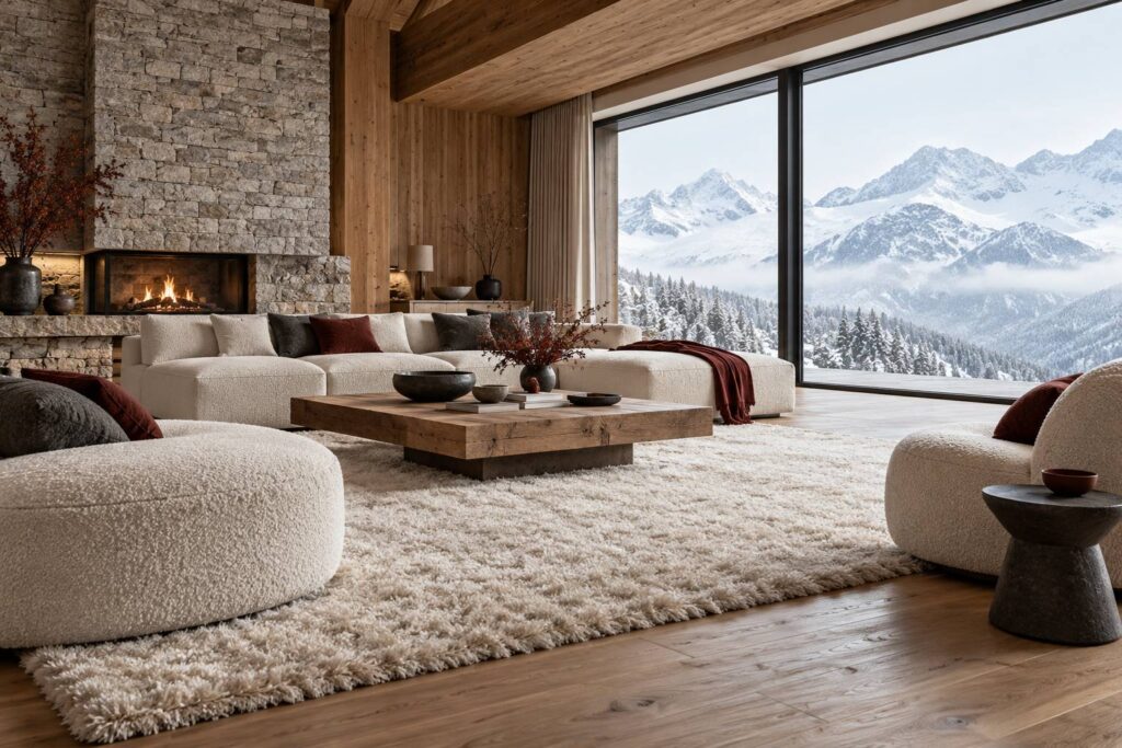 Intérieur de chalet sobre avec tapis à poil épais sur un parquet clair