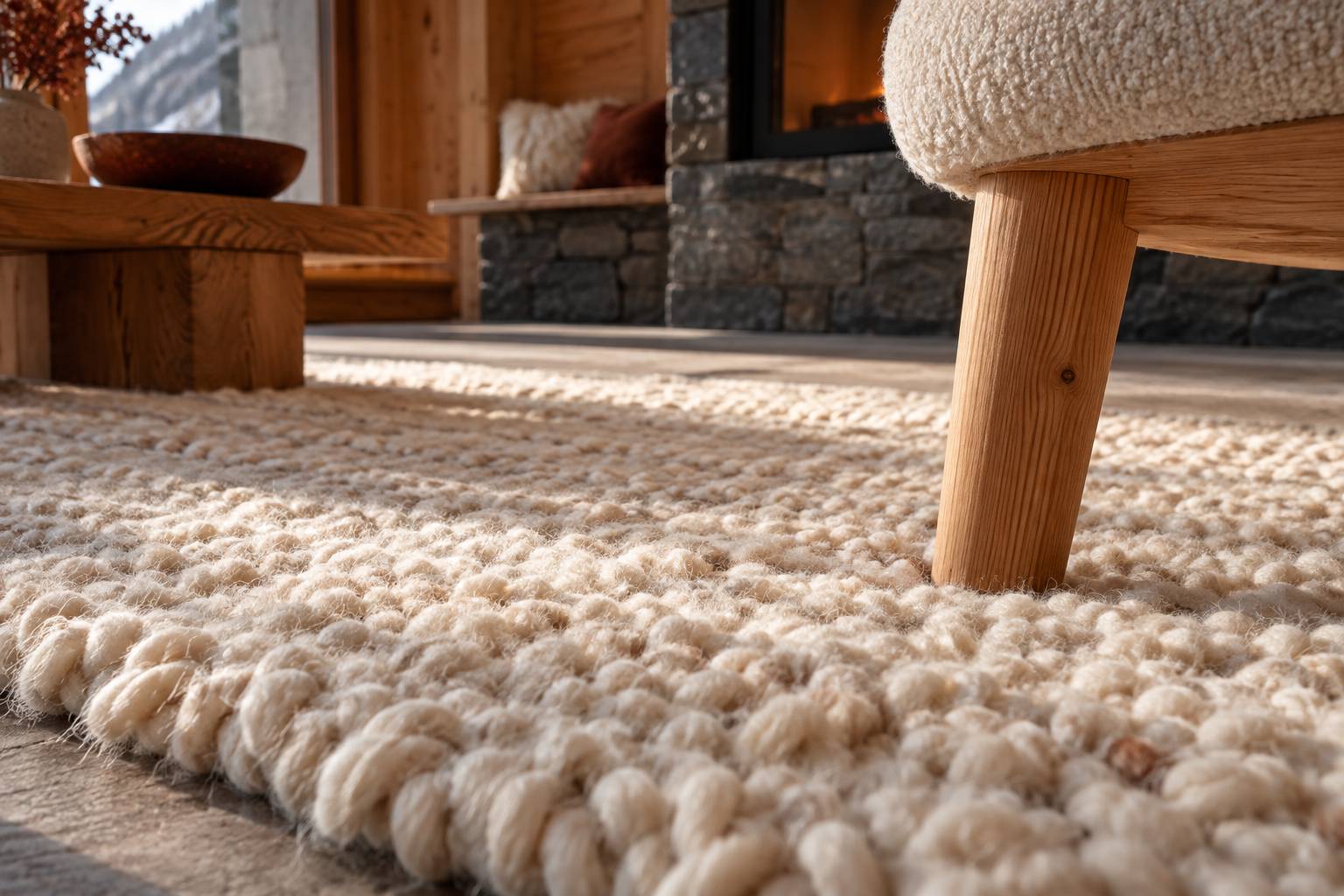 Surface d'un tapis à poil épais en laine écrue vue de près