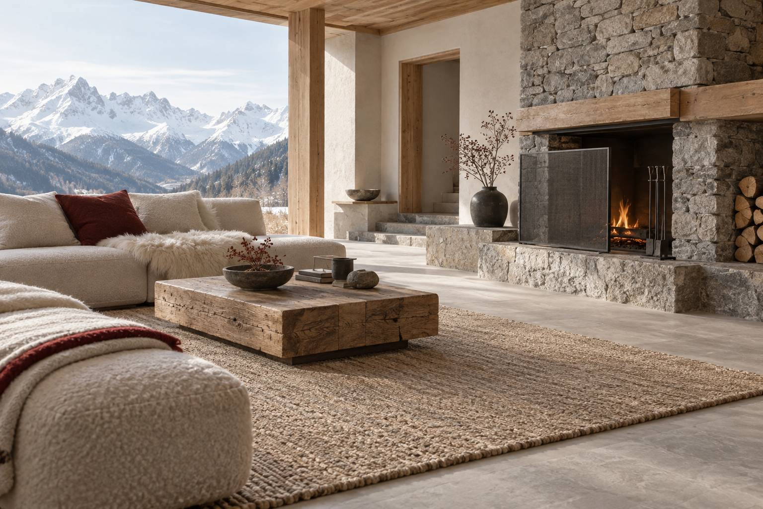 Interieur en pierre et meleze avec tapis eloigne du foyer