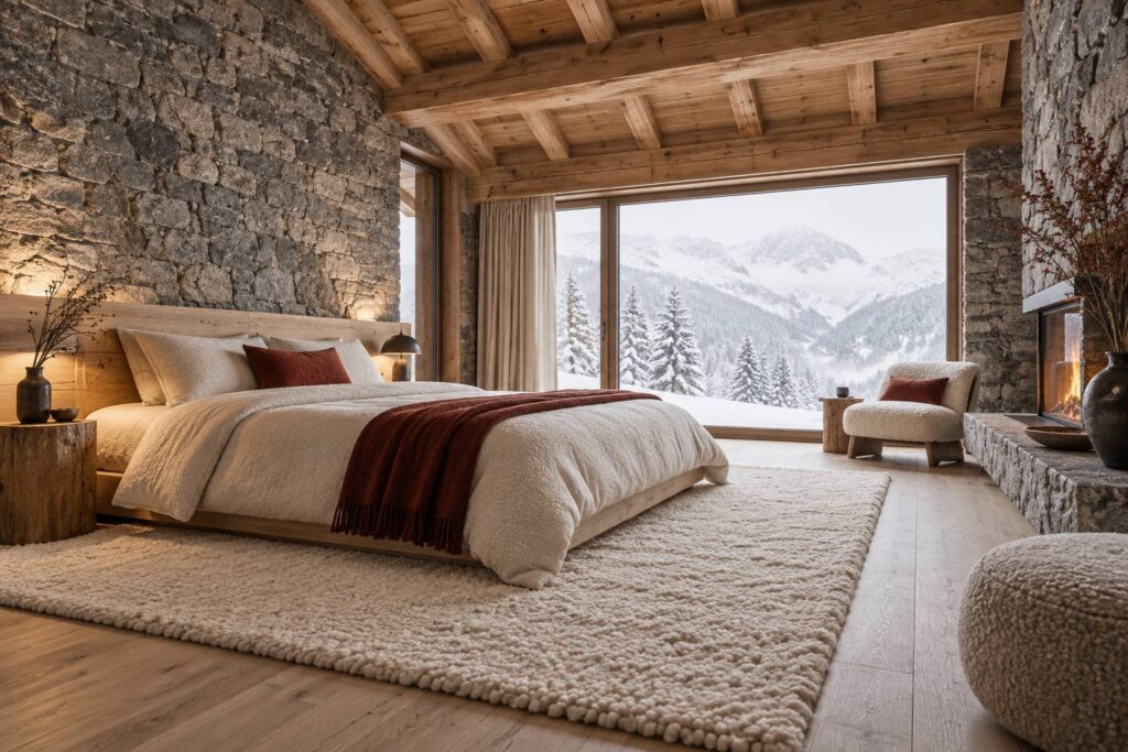 Tapis de laine autour d'un lit dans une chambre de chalet en pierre et bois