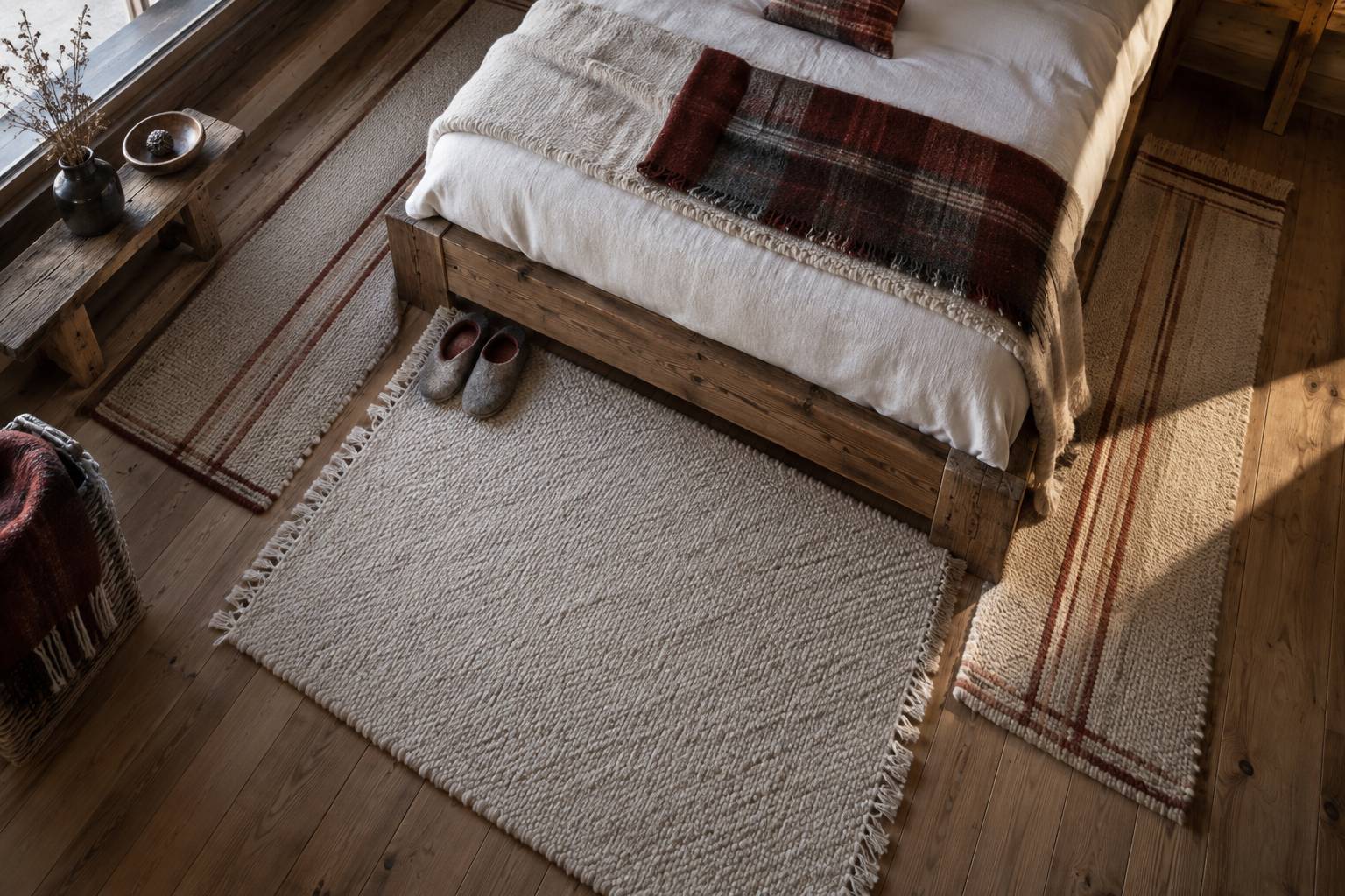 Tapis de laine au pied d'un lit et passatoies laterales dans un chalet