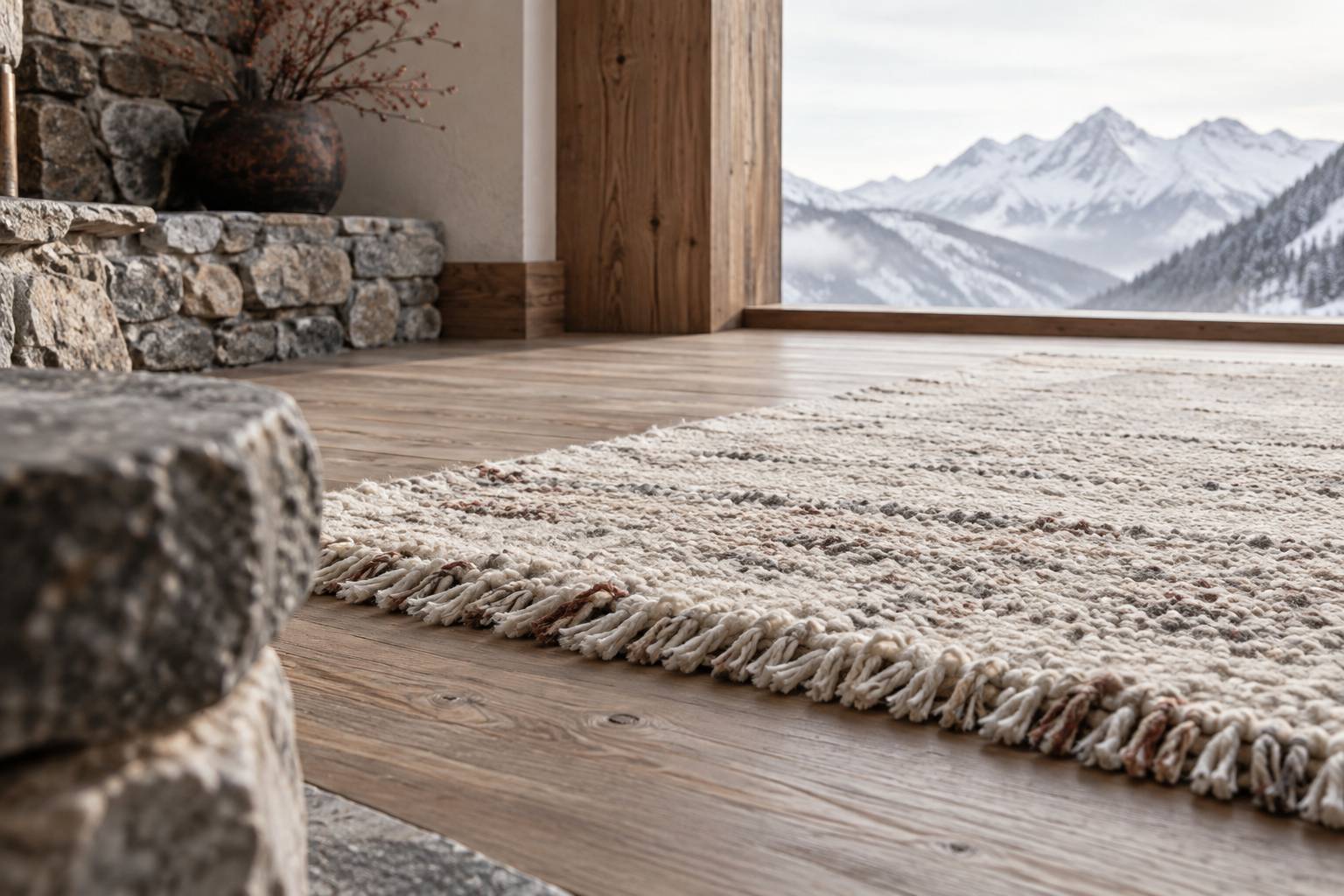 Tapis de laine ecru a poils courts sur un plancher de bois de montagne