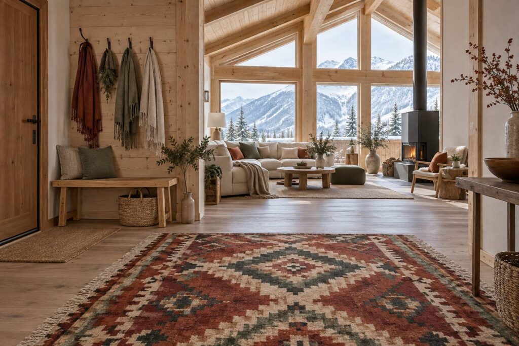Tapis kilim plat devant l'entrée d'un chalet de montagne avec banc en bois