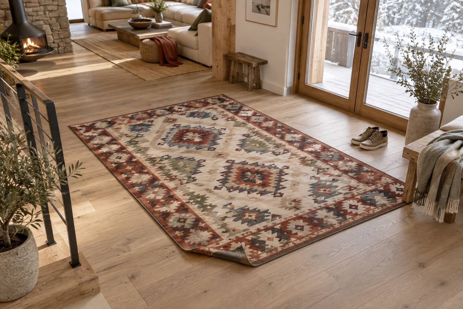 Kilim tissé plat déroulé sur un parquet clair près d'une porte de chalet