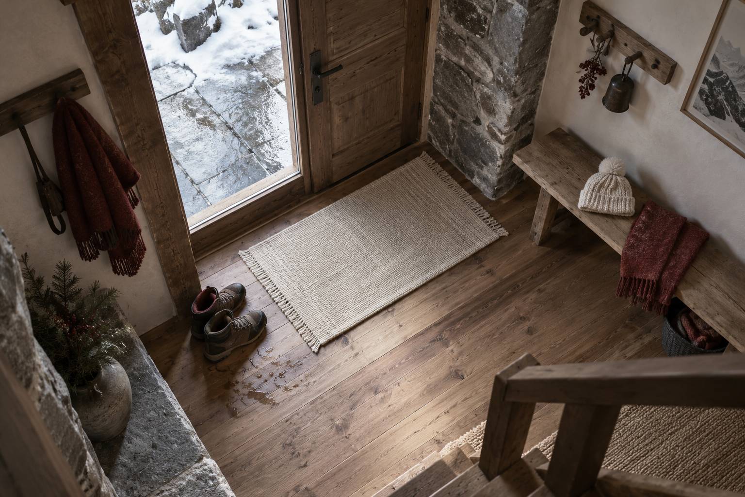 Tapis en coton devant l'entree d'un chalet avec chaussures de randonnee