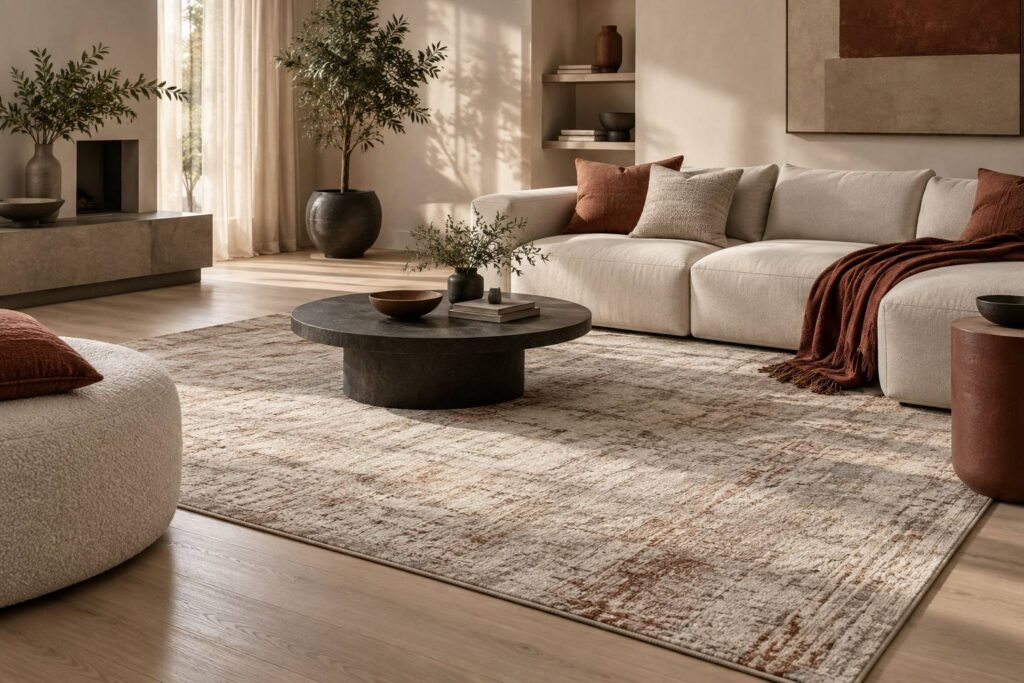 Tapis textilé satiné dans un salon lumineux au parquet clair