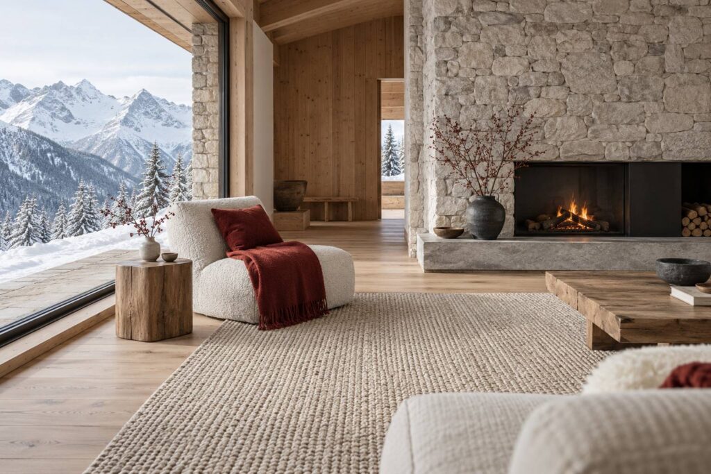 Tapis en fibres vegetales sur un plancher de chalet de montagne