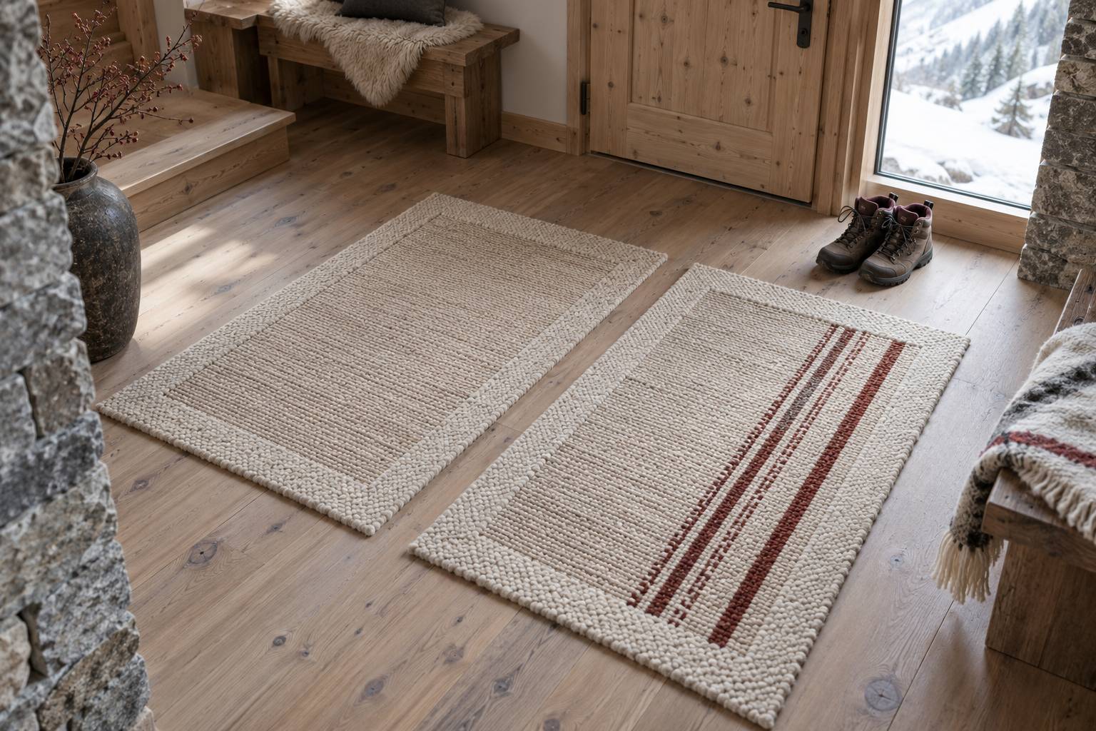 Deux tapis en fibres naturelles sur un sol de chalet en bois clair