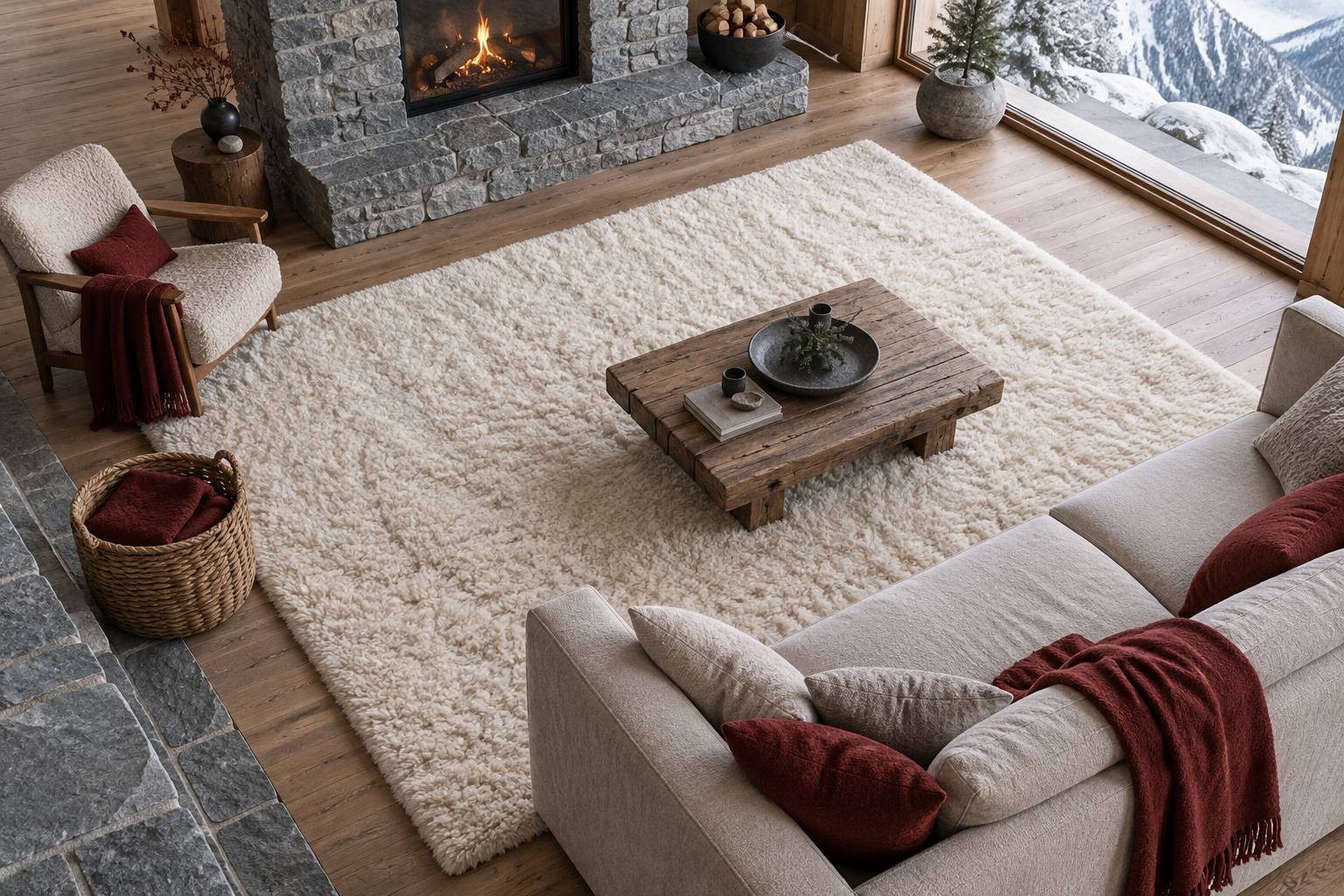 Coin salon de montagne avec tapis a laine haute et parement de pierre