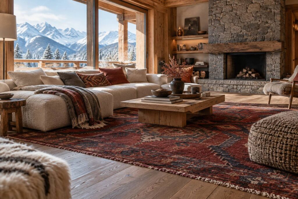 Tapis noue a motifs geometriques dans un salon de chalet alpin