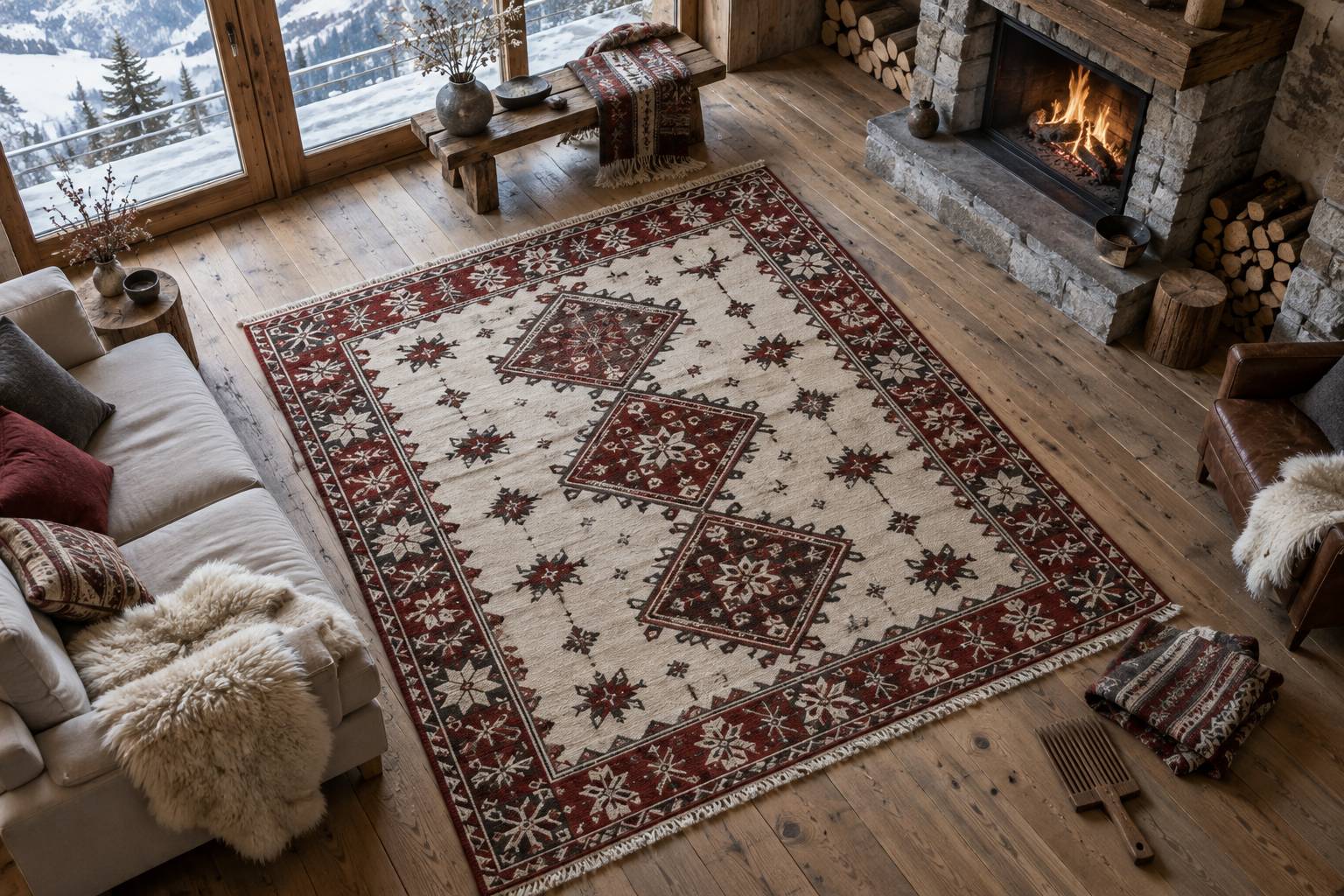 Detail des motifs geometriques d'un tapis en laine sur un parquet