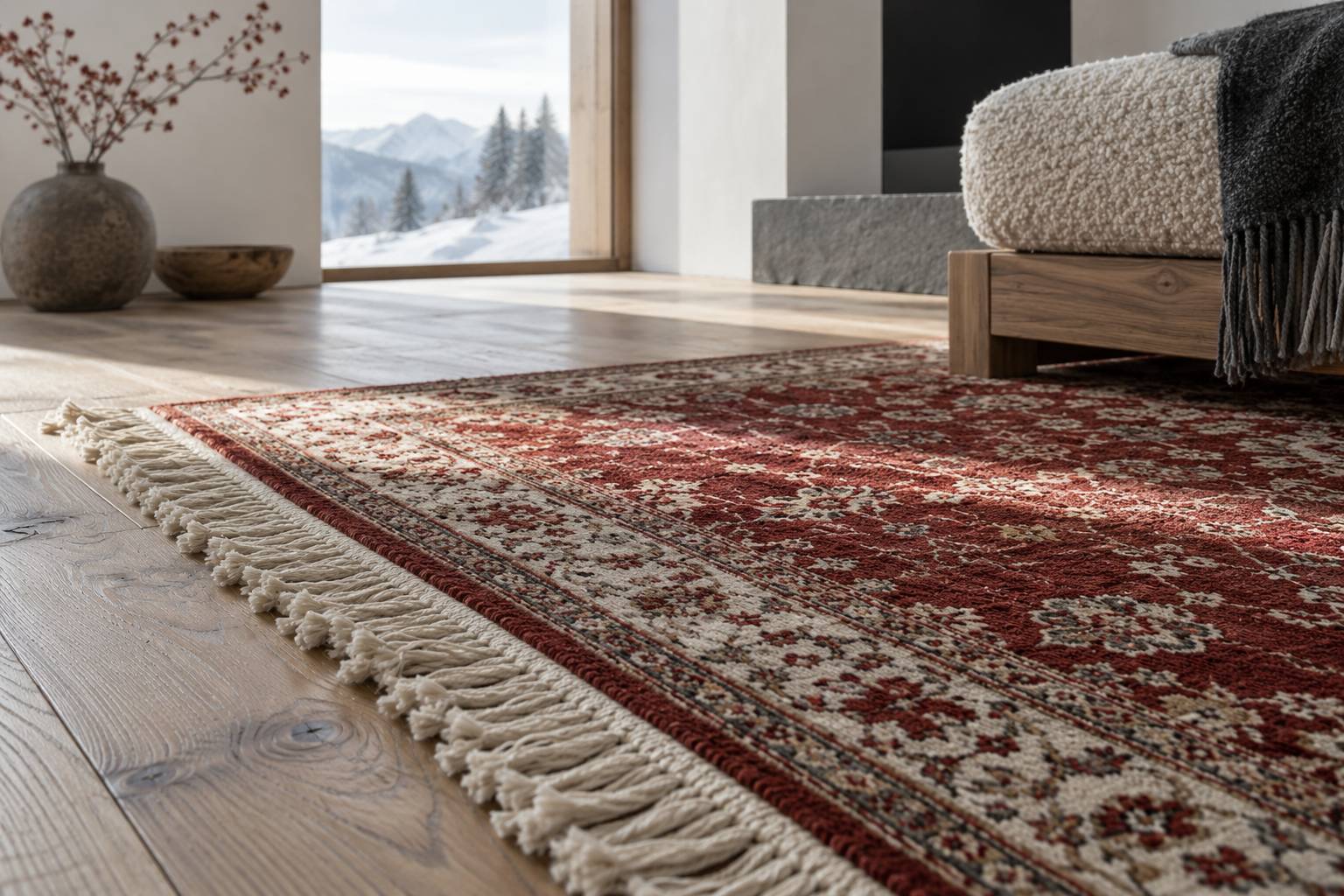 Gros plan sur un tapis a motifs fins sur un parquet de chalet